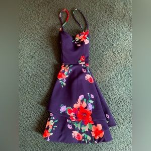 Peach Flower Navy Blue Dress